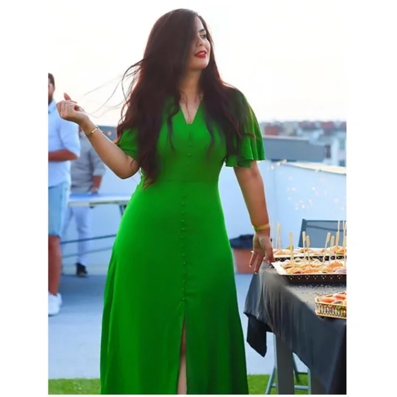Green V-Neck Midi Dress Fit and Flare Butterfly Sleeve Faux Button Front - Picture 8 of 9